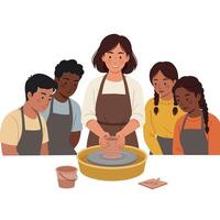 Pottery workshop scene with people learning techniques in flat art vector