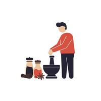 Person grinding spices in a mortar with jars in minimal art vector