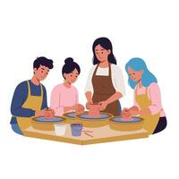 Group of people crafting pottery in a flat and colorful art style vector