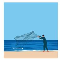 Fisherman throwing net in flat design style art vector