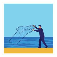 Fisherman casting net into ocean in flat art style vector