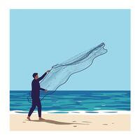 Fisherman casting net at the beach in minimal flat art vector