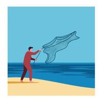 Person catching fish with a net at the beach in flat art vector