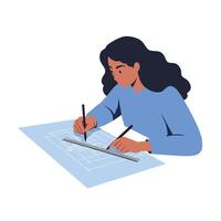 Woman using ruler and pencil in flat design style art vector
