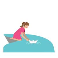Girl creating paper boat while sitting on the edge of a turquoise wave flat art vector