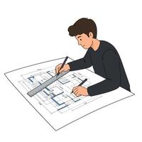 Architect working on detailed blueprint in flat design art vector