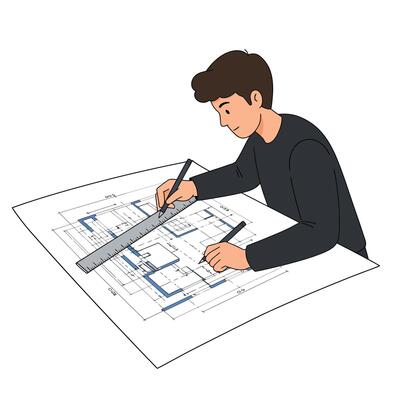 Architect working on detailed blueprint in flat design art