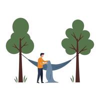Person setting up a hammock between two trees in flat art vector