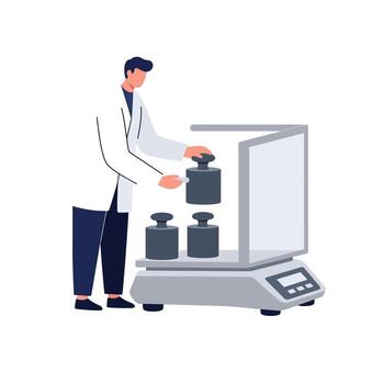 Laboratory technician weighing objects on a scale in flat art vector