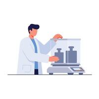 Scientist using a balance scale in a laboratory setting, flat design art vector