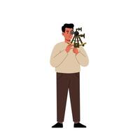 Man holding a surveying instrument in flat art style for engineering projects vector