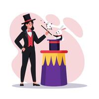 Magician performing a magic trick with a rabbit emerging from a hat vector