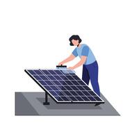Person adjusting solar panel on rooftop for optimal energy collection and efficiency vector
