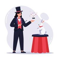 Magician performing a trick with a rabbit and a disappearing object in hand vector