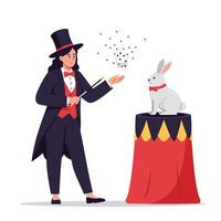 Magician performing a trick with a rabbit on a colorful stage pedestal vector