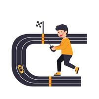 Child joyfully controls a toy car on a winding racetrack with excitement vector