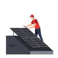 Technician installing solar panels on a rooftop for renewable energy production vector