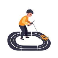 Young boy playing with a remote-controlled car on a toy racetrack vector