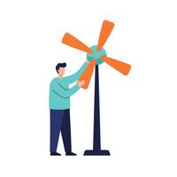 Man adjusting colorful fan blades in a modern office setting for optimal airflow vector