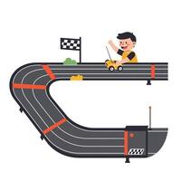 Child joyfully racing toy car on a winding track with a finish line flag vector