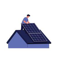 Man installing solar panels on a modern house rooftop for sustainable energy usage vector