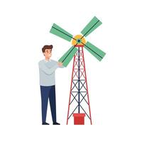 Man adjusting wind turbine blades during maintenance in a rural setting vector