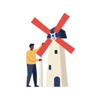 Man adjusting windmill blades in a rural setting with bright colors and clear skies vector