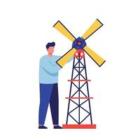 Man adjusting windmill blades in a colorful, modern illustration style vector