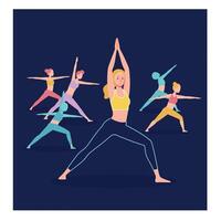 Group of diverse individuals practicing yoga in a vibrant and dynamic studio setting vector