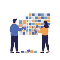 Two individuals collaborating on a colorful wall design with square tiles and patterns vector