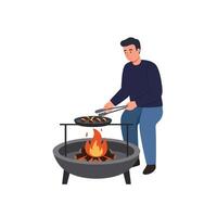 Man grilling food over an open fire in a modern outdoor setting vector