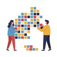 Two people assembling colorful square tiles to create a mosaic wall art piece vector