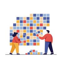 Two people arranging colorful tiles on a wall in a collaborative art project vector