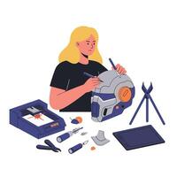 Woman assembling a robotic helmet with various tools on a work surface vector