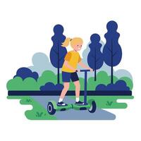 Young girl riding a scooter through a park with green trees and blue sky vector
