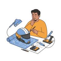 Man designing a futuristic helmet with tools and blueprints on the table vector