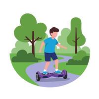 Young boy riding hoverboard on a winding path through a green park vector