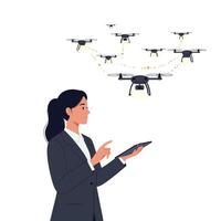 Businesswoman managing multiple drones with a tablet in a modern setting vector