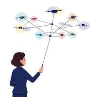 Woman controlling multiple drones with a remote in a networked environment vector