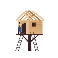 Carpenter constructing a wooden treehouse with ladders and framework visible in the scene vector