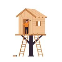 Man building a wooden treehouse with tools and ladders in outdoor setting vector