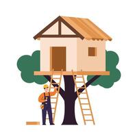 Builder constructing a treehouse with ladders and tools in a vibrant setting vector