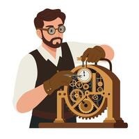 Man adjusting clock gears with precision tools in a vintage workshop setting vector