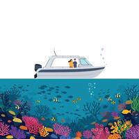 Boat floating above vibrant coral reef teeming with colorful fish and marine life vector