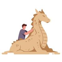 Man sculpting a large dragon from sand at the beach during daylight vector