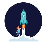 Young boy reaching for a rocket launching into the sky with flames and clouds vector