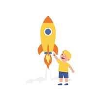 Child excitedly preparing to launch a colorful rocket into the sky vector
