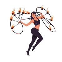 Dynamic performer spinning flaming poi in an energetic dance routine vector