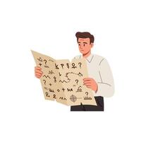 Man studying ancient map with mysterious symbols and markings in his hands vector
