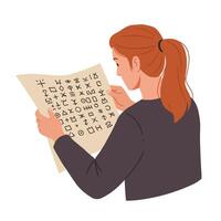Individual examining ancient symbols on parchment with focus and curiosity vector